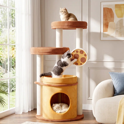 4-Tier Fully Wrapped Plush Cat Tree for Large Cats and Multi-Cat Homes, Dual Spacious Perches, Cozy Condo, Wide Stable Base and Scratching Pad