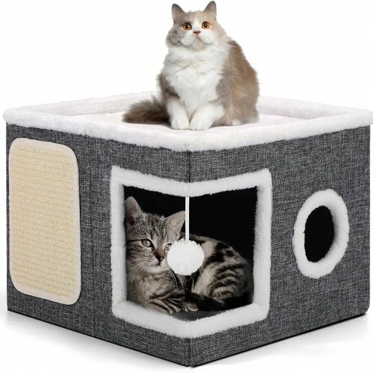 Polyester-Cotton Classic Modern Plain Foldable Cat House - 30Lbs Weight Capacity, Large Hole, round Windows, Fluffy Hanging Balls, Double-Sided Soft Cushions, All-Season Indoor Apartment Use,Sohochic