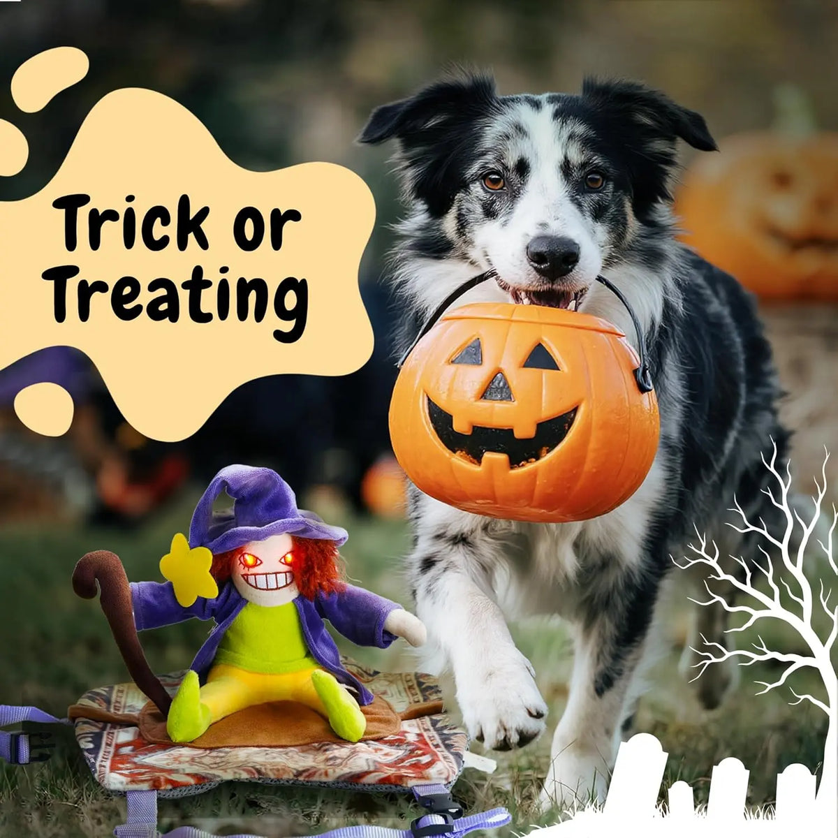 Fuzzwoof Howling Witch Dog Halloween Costume with Spooky Sound, Creepy Laugh, Adjustable Harness, LED Lights, Cartoon Character Fabric Illusion (Large, All Dog Breeds)