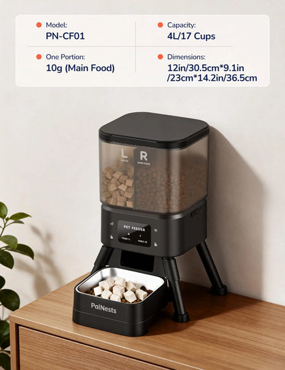 Palnests Dual-Cavity Smart Automatic Feeder - 4L Dry Food Dispenser with Stainless Steel Bowls, 2-Hopper Separation, 2.4Ghz & 5Ghz Wifi Sync, Airtight Fresh Lock, App Control, Timed Feed, Dual Power Backup, Low Food Alerts for Cats & Small/Medium Dogs
