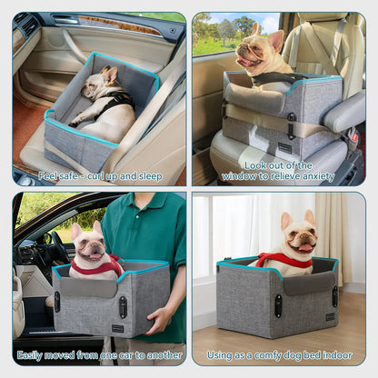 PETSFIT Foldable Dog Car Booster Seat for Small Dogs - Patented Safety Buckles, Safety Tether, Stable Frame, Soft Cushion - Leather, Fabric, Waterproof Wipe, Cozy Velvet Pad - Reduces Stress, Fits Front/Back Seat - Sohochic