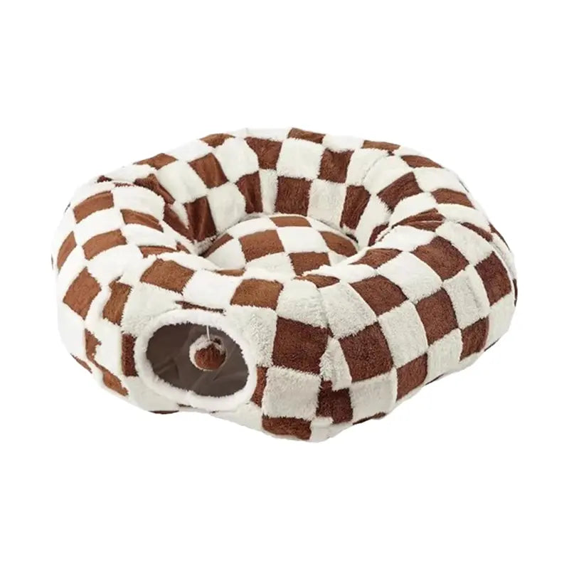 2-In-1 Plaid Cat Tunnel Bed for Indoor Cats - Cute Donut Design with Hidden Play Space, Washable Circle Cushion, Studded Grip Base for Kittens/Rabbits