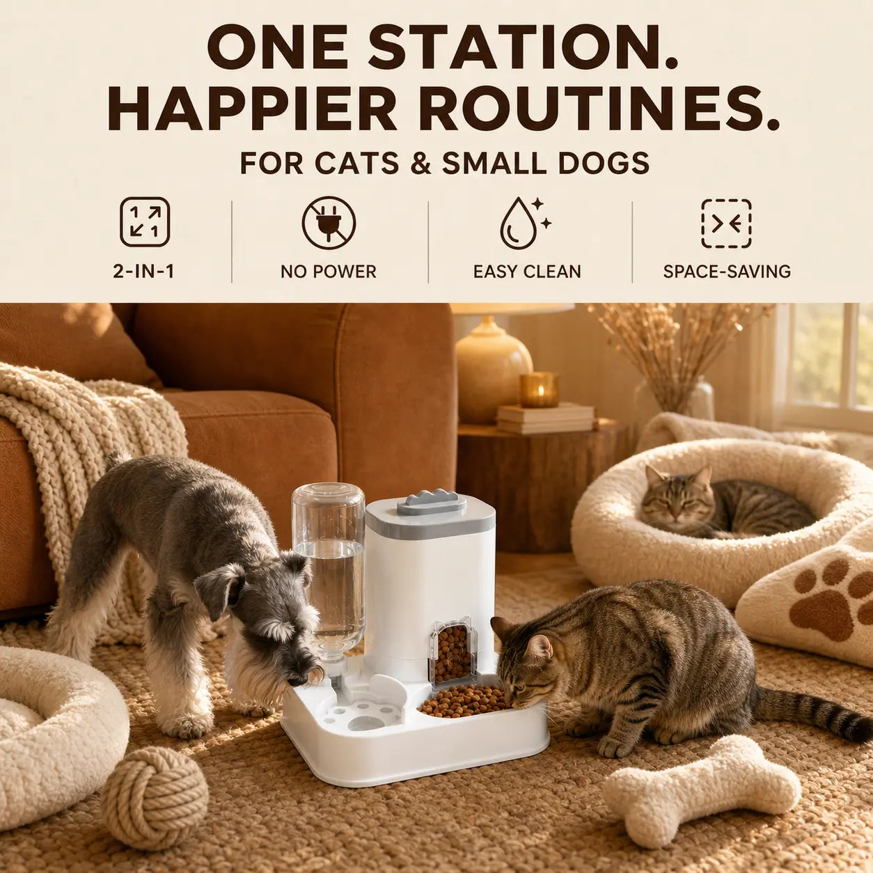 [Second Item Half Price] PAWSURD 2-In-1 Automatic Gravity Pet Feeder & Fresh Water Dispenser, Adjustable Food Flow, No Power Needed, Ideal for Home & Short Trips, Cats & Small Dogs