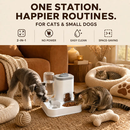 [Second Item Half Price] PAWSURD 2-In-1 Automatic Gravity Pet Feeder & Fresh Water Dispenser, Adjustable Food Flow, No Power Needed, Ideal for Home & Short Trips, Cats & Small Dogs