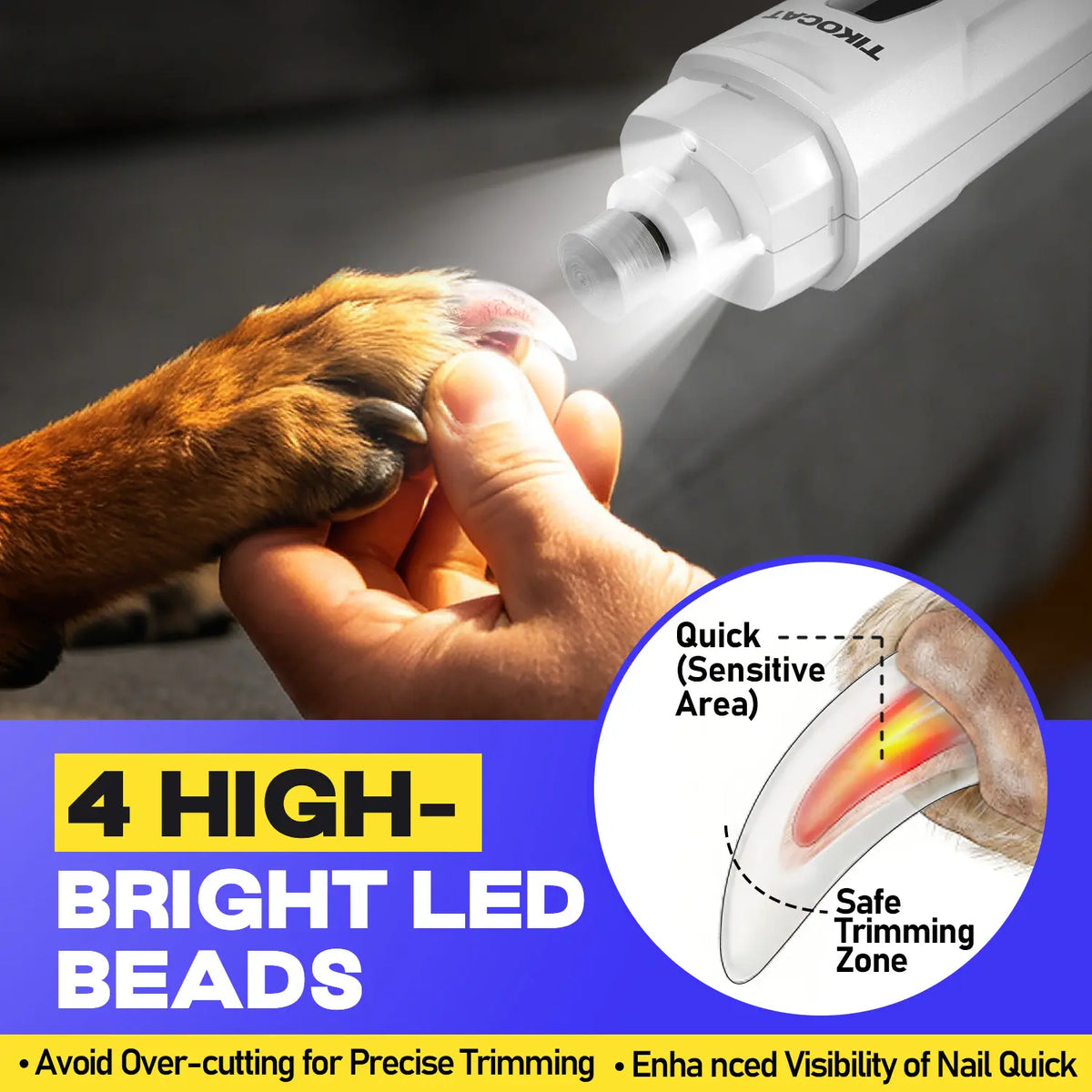 TIKOCAT Rechargeable Pet Nail Grinder, Ultra-Quiet Universal Electric Grooming Tool with 4 LED Lights, 3 Grinding Bits, 6-Speed, Type-C Fast Charging, 12-Hour Runtime, Smart LED Display, Dust Cup for Sensitive Dogs & Cats