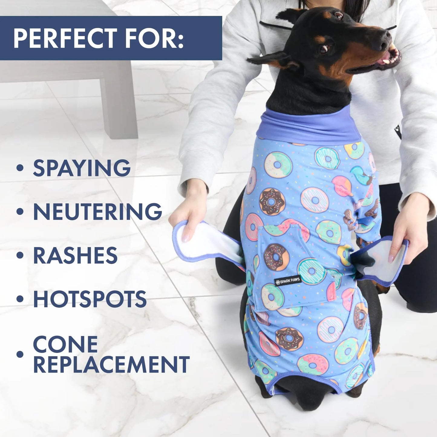 Spark Paws Dog Surgery Recovery Suit - Post-Surgery Recovery Onesie for Dogs, Anti-Lick Abdominal Wound Protector, Soft Cone Alternative for Spay and Neuter Recovery - Donuts - Size S