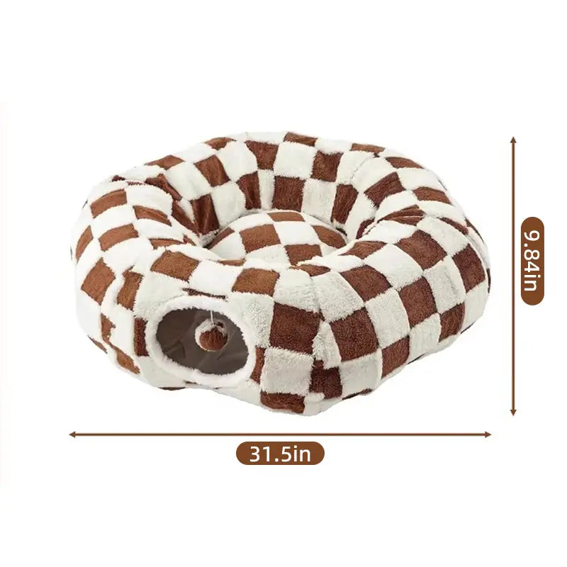 2-In-1 Plaid Cat Tunnel Bed for Indoor Cats - Cute Donut Design with Hidden Play Space, Washable Circle Cushion, Studded Grip Base for Kittens/Rabbits