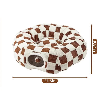 2-In-1 Plaid Cat Tunnel Bed for Indoor Cats - Cute Donut Design with Hidden Play Space, Washable Circle Cushion, Studded Grip Base for Kittens/Rabbits