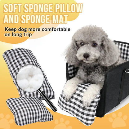 Luxury Center Console Dog Car Seat for Small Pets up to 12 Lbs - Armrest-Mount Puppy Carrier, Checkered Padded Fabric Cushion, Safety Tether, Cars Accessories Travel Bed for Dogs & Cats