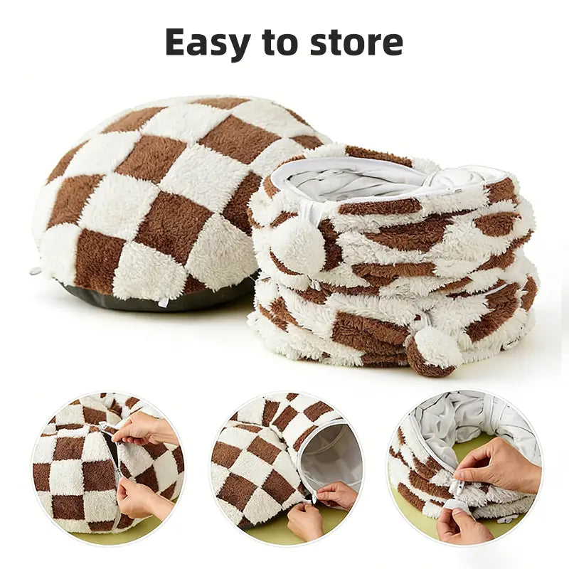 2-In-1 Plaid Cat Tunnel Bed for Indoor Cats - Cute Donut Design with Hidden Play Space, Washable Circle Cushion, Studded Grip Base for Kittens/Rabbits
