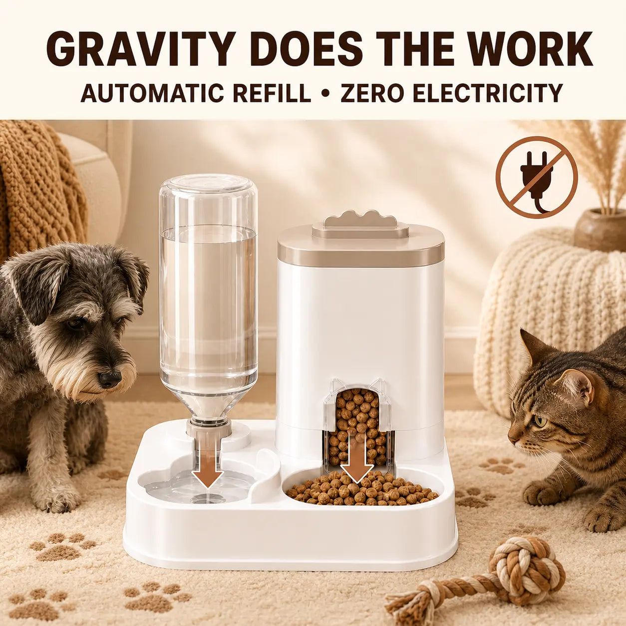 [Second Item Half Price] PAWSURD 2-In-1 Automatic Gravity Pet Feeder & Fresh Water Dispenser, Adjustable Food Flow, No Power Needed, Ideal for Home & Short Trips, Cats & Small Dogs
