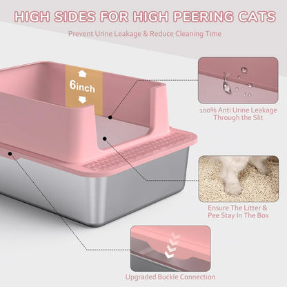 Metal Litter Box with Lid, 36L Extra Large Litter Box XL for Big Cats Top Entry Stainless Steel Litter Box with Double Filter Pedal & Scoop High Sided & Non-Sticky & Anti-Leakage
