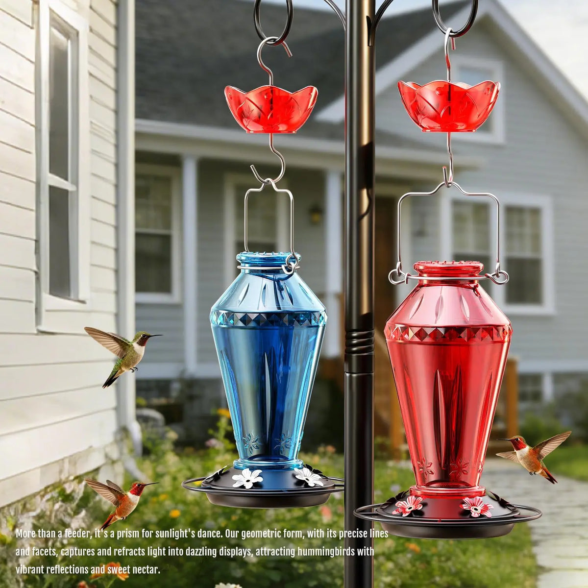 Birdream Hummingbird Feeders for Outdoors, 25Oz Glass Hummingbird Feeder with Perch & 5 Bee Guard Feeding Ports, Leak Proof, Includes Ant Moat and Cleaning Brush, Gift for Women Mom, Red