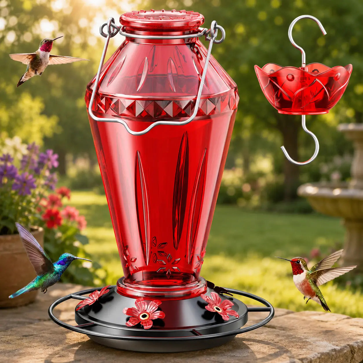 Birdream Hummingbird Feeders for Outdoors, 25Oz Glass Hummingbird Feeder with Perch & 5 Bee Guard Feeding Ports, Leak Proof, Includes Ant Moat and Cleaning Brush, Gift for Women Mom, Red