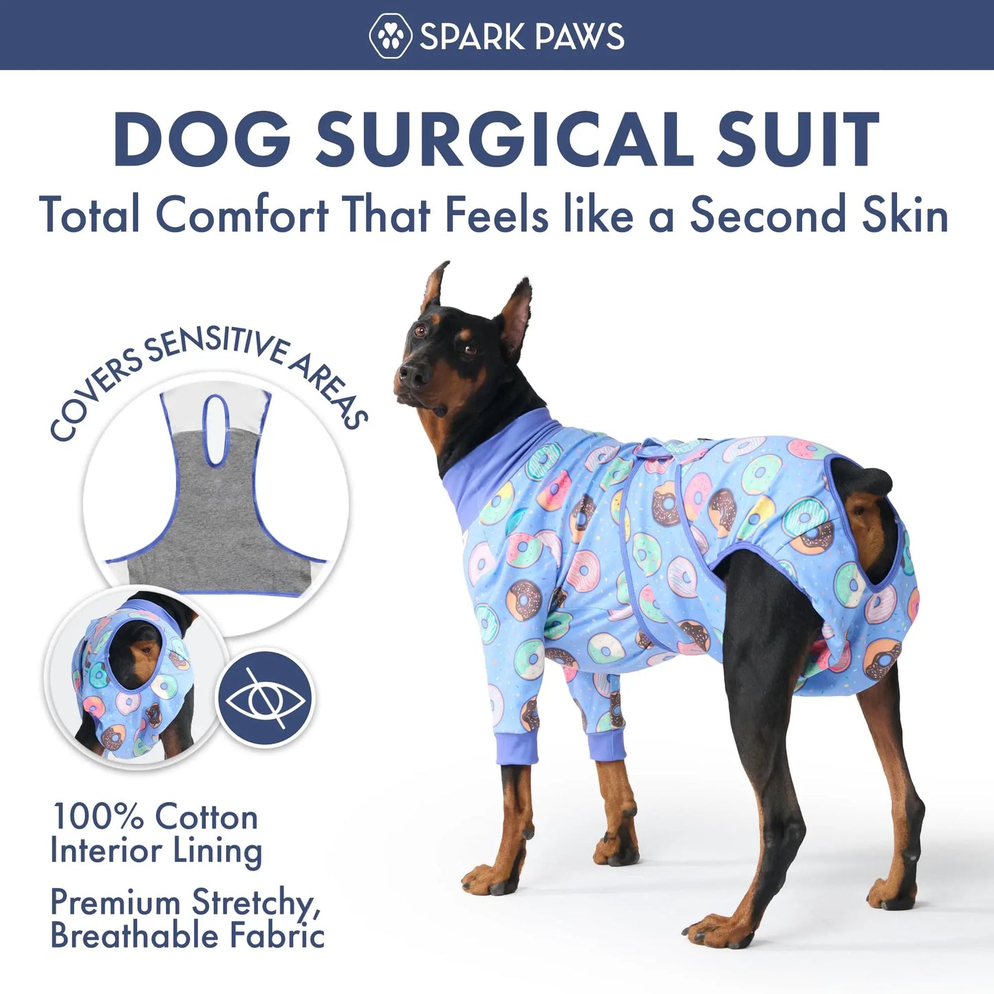 Spark Paws Dog Surgery Recovery Suit - Post-Surgery Recovery Onesie for Dogs, Anti-Lick Abdominal Wound Protector, Soft Cone Alternative for Spay and Neuter Recovery - Donuts - Size S