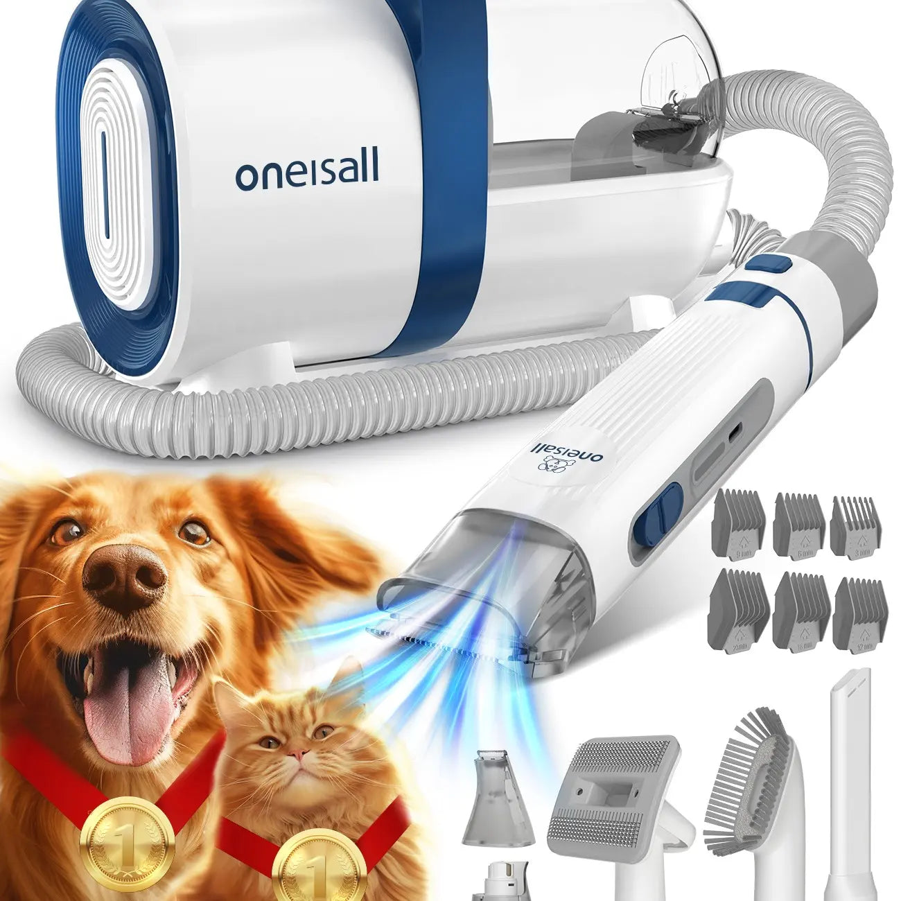 Oneisall Pet Grooming Vacuum 1.5L with Grooming Brush, Clipper, Low-Noise, Stress-Free, 99% Hair Suction, Easy-To-Clean & Compact Design