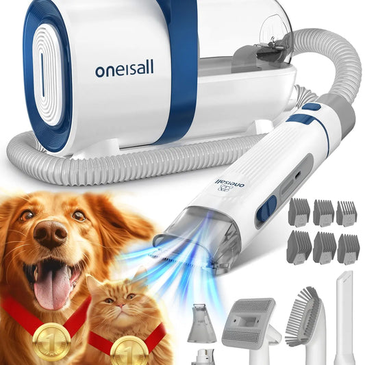 Oneisall Pet Grooming Vacuum 1.5L with Grooming Brush, Clipper, Low-Noise, Stress-Free, 99% Hair Suction, Easy-To-Clean & Compact Design