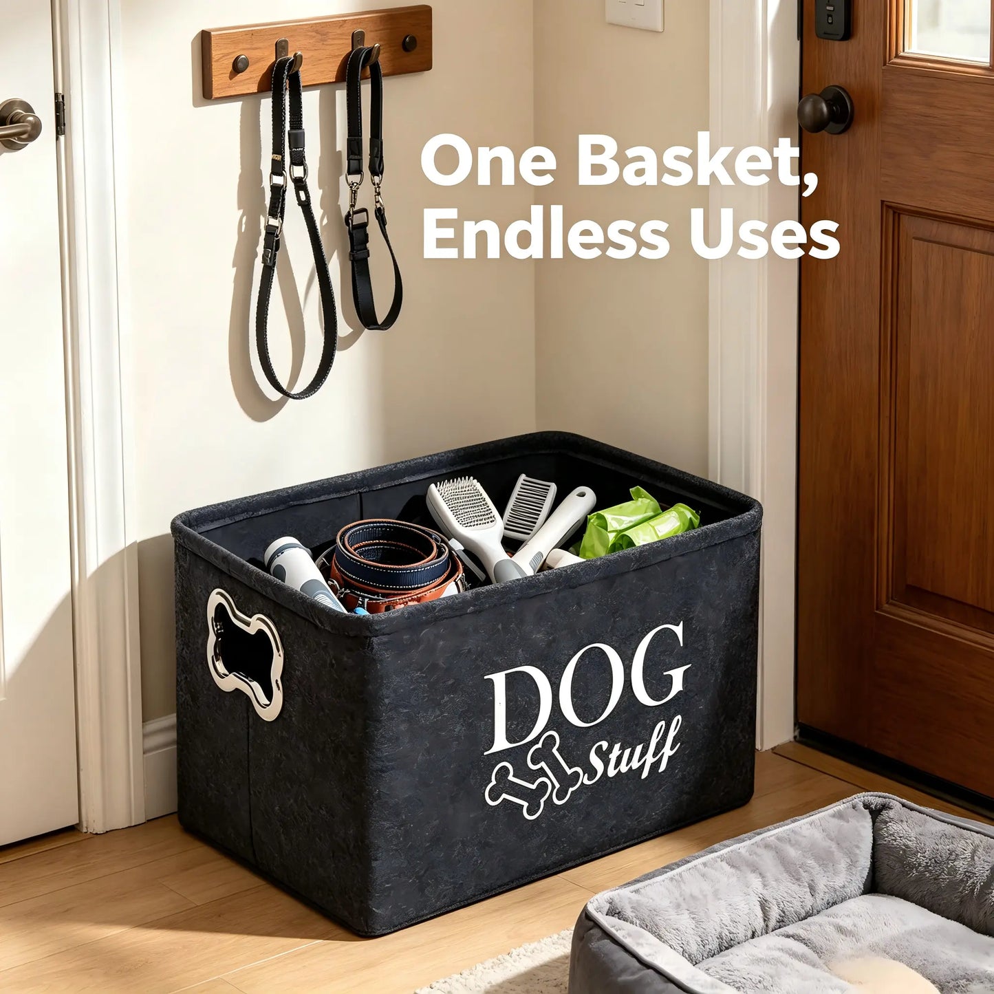 Thick Felt Large Dog Toy Storage Bin (15In X 10.6In X 8.7In) - Collapsible Lightweight Pet Supplies Organizer Basket with Metal Bone-Shaped Handles, Modern Neutral-Tone Logo Box for Toys/Leashes, Ideal for Dog Owners, Bedroom Use