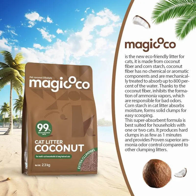 Magicoco Cat Litter 99% Odor Deodorized Low Tracking & Flushable Unscented & Chemical-Free Extra Clumping 5Lbs/Bag Natural Coconut Raw Materials Cat Essentials Kitten Stuff