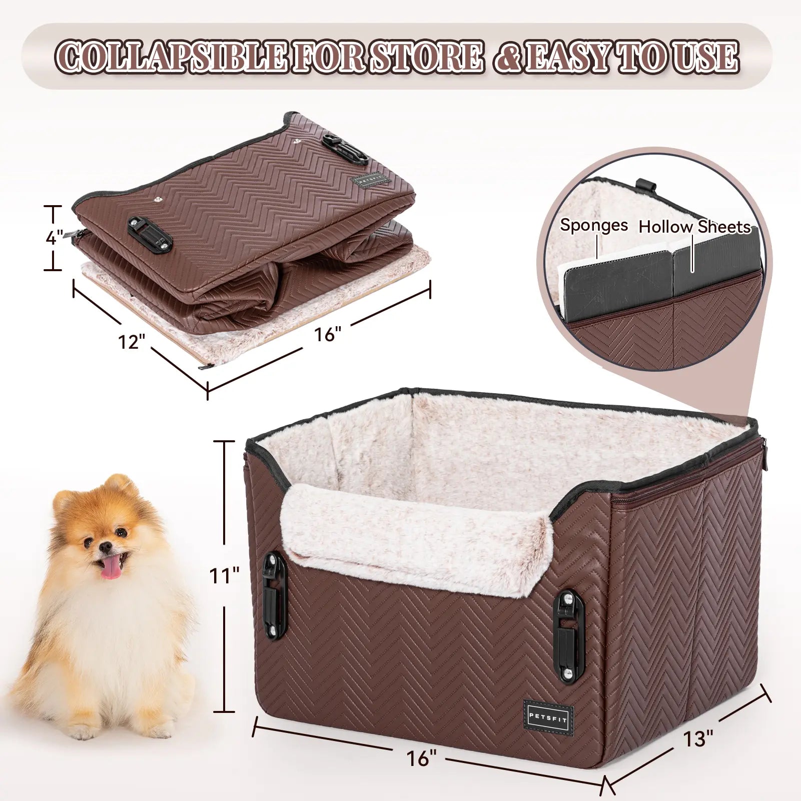 PETSFIT Foldable Dog Car Booster Seat for Small Dogs - Patented Safety Buckles, Safety Tether, Stable Frame, Soft Cushion - Leather, Fabric, Waterproof Wipe, Cozy Velvet Pad - Reduces Stress, Fits Front/Back Seat - Sohochic