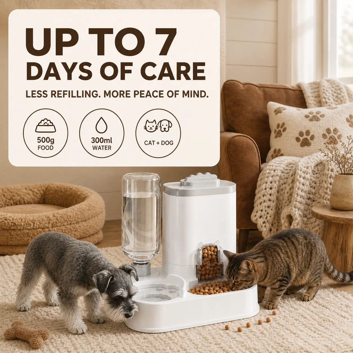 [Second Item Half Price] PAWSURD 2-In-1 Automatic Gravity Pet Feeder & Fresh Water Dispenser, Adjustable Food Flow, No Power Needed, Ideal for Home & Short Trips, Cats & Small Dogs