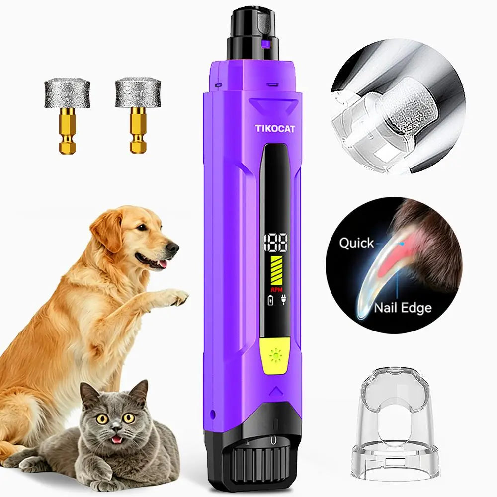 TIKOCAT Rechargeable Pet Nail Grinder, Ultra-Quiet Universal Electric Grooming Tool with 4 LED Lights, 3 Grinding Bits, 6-Speed, Type-C Fast Charging, 12-Hour Runtime, Smart LED Display, Dust Cup for Sensitive Dogs & Cats