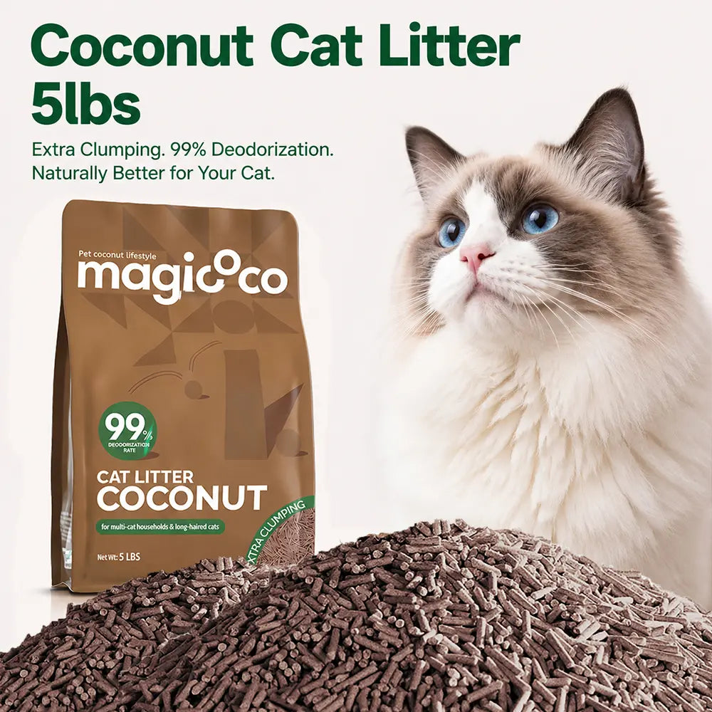 Magicoco Cat Litter 99% Odor Deodorized Low Tracking & Flushable Unscented & Chemical-Free Extra Clumping 5Lbs/Bag Natural Coconut Raw Materials Cat Essentials Kitten Stuff
