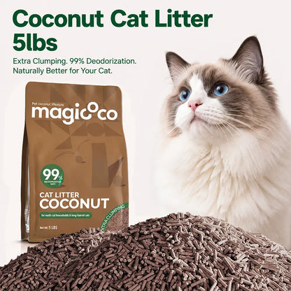 Magicoco Cat Litter 99% Odor Deodorized Low Tracking & Flushable Unscented & Chemical-Free Extra Clumping 5Lbs/Bag Natural Coconut Raw Materials Cat Essentials Kitten Stuff