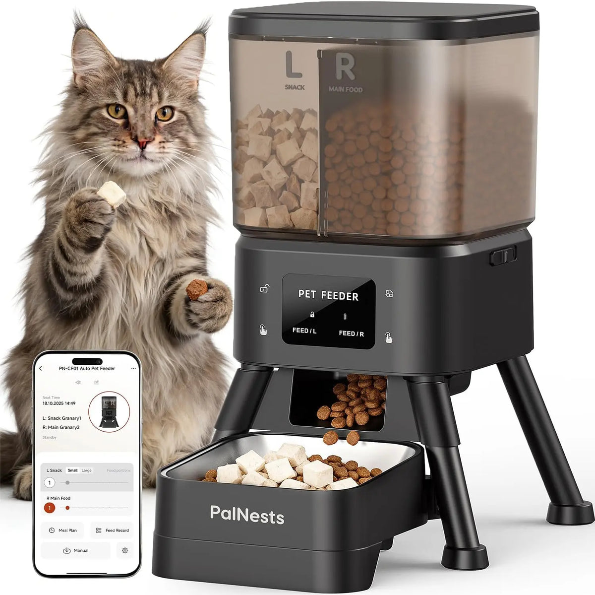 Palnests Dual-Cavity Smart Automatic Feeder - 4L Dry Food Dispenser with Stainless Steel Bowls, 2-Hopper Separation, 2.4Ghz & 5Ghz Wifi Sync, Airtight Fresh Lock, App Control, Timed Feed, Dual Power Backup, Low Food Alerts for Cats & Small/Medium Dogs