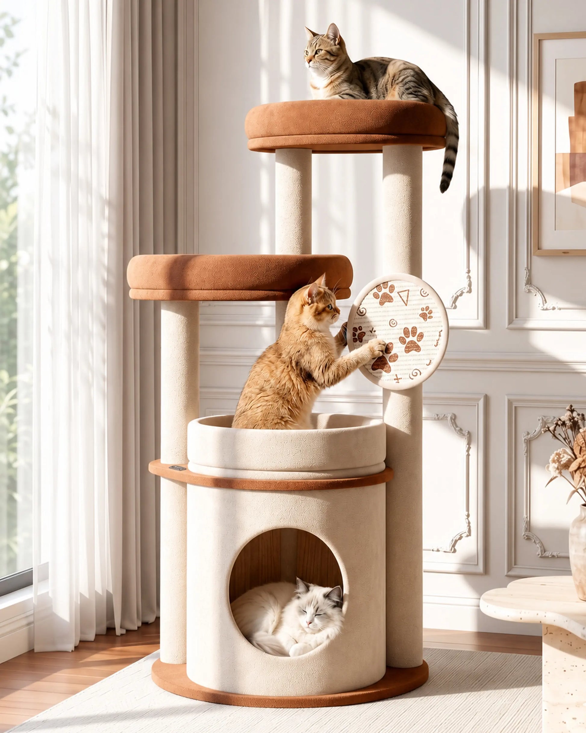 4-Tier Fully Wrapped Plush Cat Tree for Large Cats and Multi-Cat Homes, Dual Spacious Perches, Cozy Condo, Wide Stable Base and Scratching Pad