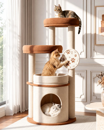 4-Tier Fully Wrapped Plush Cat Tree for Large Cats and Multi-Cat Homes, Dual Spacious Perches, Cozy Condo, Wide Stable Base and Scratching Pad