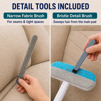 4-In-1 Reusable Pet Hair Remover Brush with Long Handle and Detail Brushes for Sofas, Rugs, Carpets, Bedding and Fabric Car Seats
