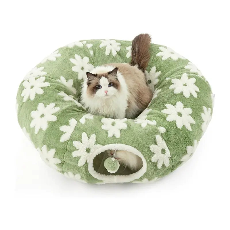 2-In-1 Plaid Cat Tunnel Bed for Indoor Cats - Cute Donut Design with Hidden Play Space, Washable Circle Cushion, Studded Grip Base for Kittens/Rabbits
