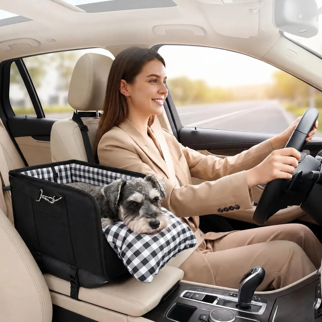 Luxury Center Console Dog Car Seat for Small Pets up to 12 Lbs - Armrest-Mount Puppy Carrier, Checkered Padded Fabric Cushion, Safety Tether, Cars Accessories Travel Bed for Dogs & Cats
