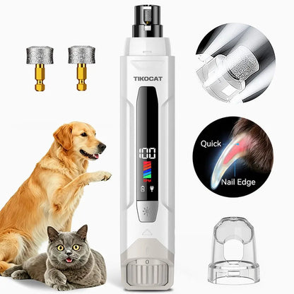TIKOCAT Rechargeable Pet Nail Grinder, Ultra-Quiet Universal Electric Grooming Tool with 4 LED Lights, 3 Grinding Bits, 6-Speed, Type-C Fast Charging, 12-Hour Runtime, Smart LED Display, Dust Cup for Sensitive Dogs & Cats