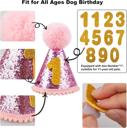 Dog Birthday Celebration Supplies Set - Bandana, Hat, Banner, Bow Tie, and Scarf Decorations (Pink with Balloon Design)