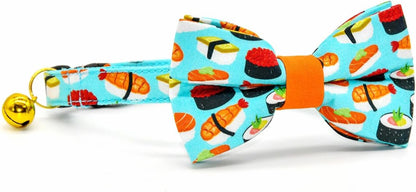 Sushi-Themed Cat Collar and Bow Tie Set with Breakaway Safety Feature, Ideal for Weddings and Birthdays for Kittens