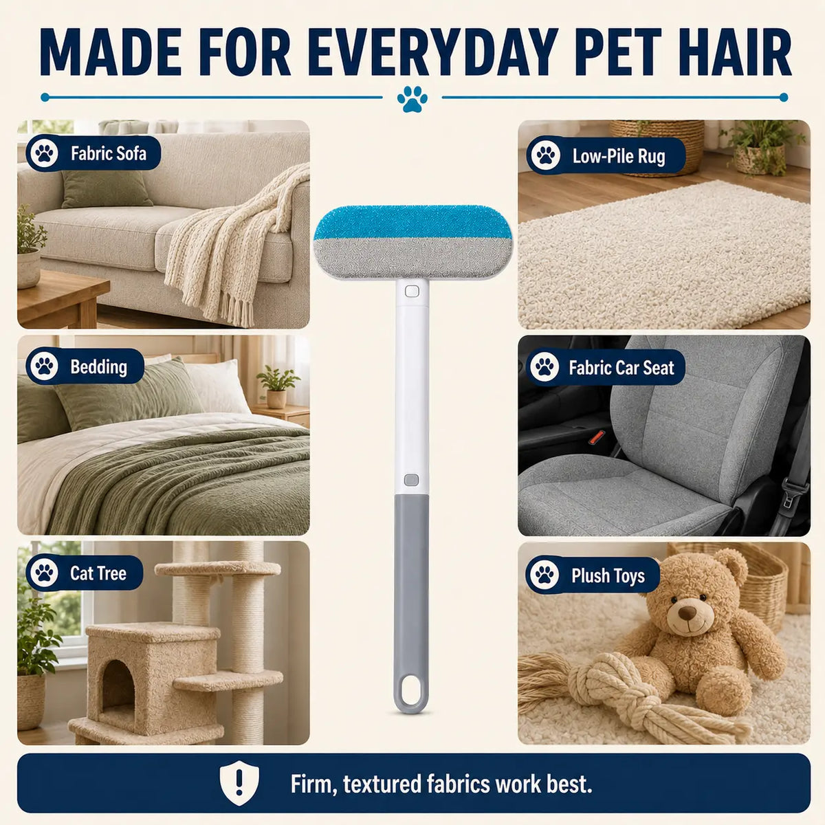 4-In-1 Reusable Pet Hair Remover Brush with Long Handle and Detail Brushes for Sofas, Rugs, Carpets, Bedding and Fabric Car Seats