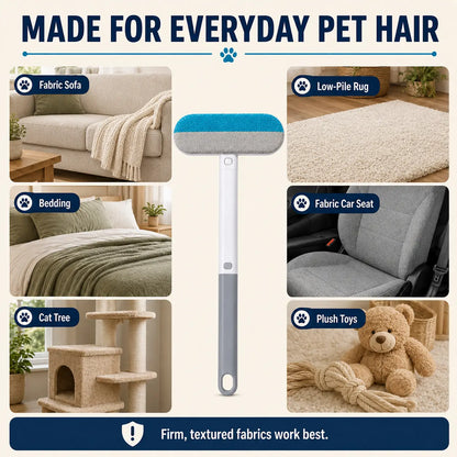 4-In-1 Reusable Pet Hair Remover Brush with Long Handle and Detail Brushes for Sofas, Rugs, Carpets, Bedding and Fabric Car Seats