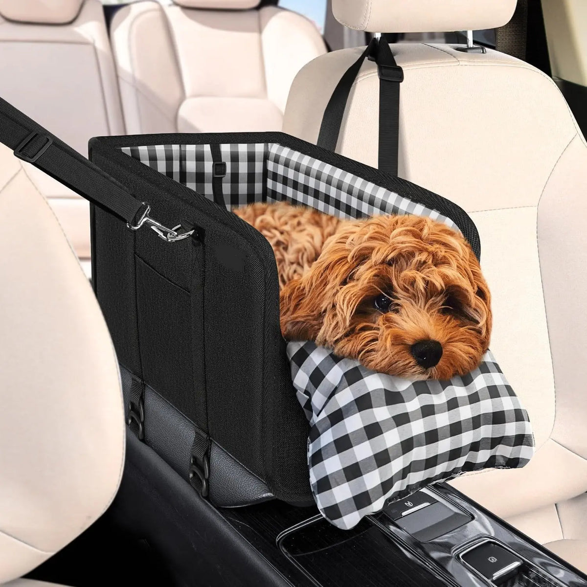 Luxury Center Console Dog Car Seat for Small Pets up to 12 Lbs - Armrest-Mount Puppy Carrier, Checkered Padded Fabric Cushion, Safety Tether, Cars Accessories Travel Bed for Dogs & Cats