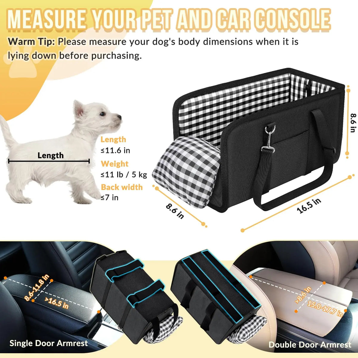 Luxury Center Console Dog Car Seat for Small Pets up to 12 Lbs - Armrest-Mount Puppy Carrier, Checkered Padded Fabric Cushion, Safety Tether, Cars Accessories Travel Bed for Dogs & Cats