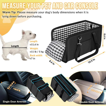 Luxury Center Console Dog Car Seat for Small Pets up to 12 Lbs - Armrest-Mount Puppy Carrier, Checkered Padded Fabric Cushion, Safety Tether, Cars Accessories Travel Bed for Dogs & Cats