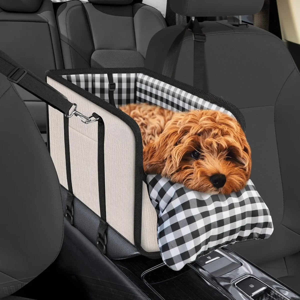 Luxury Center Console Dog Car Seat for Small Pets up to 12 Lbs - Armrest-Mount Puppy Carrier, Checkered Padded Fabric Cushion, Safety Tether, Cars Accessories Travel Bed for Dogs & Cats