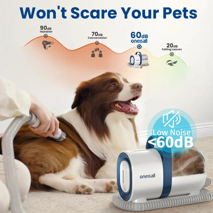 Oneisall Pet Grooming Vacuum 1.5L with Grooming Brush, Clipper, Low-Noise, Stress-Free, 99% Hair Suction, Easy-To-Clean & Compact Design