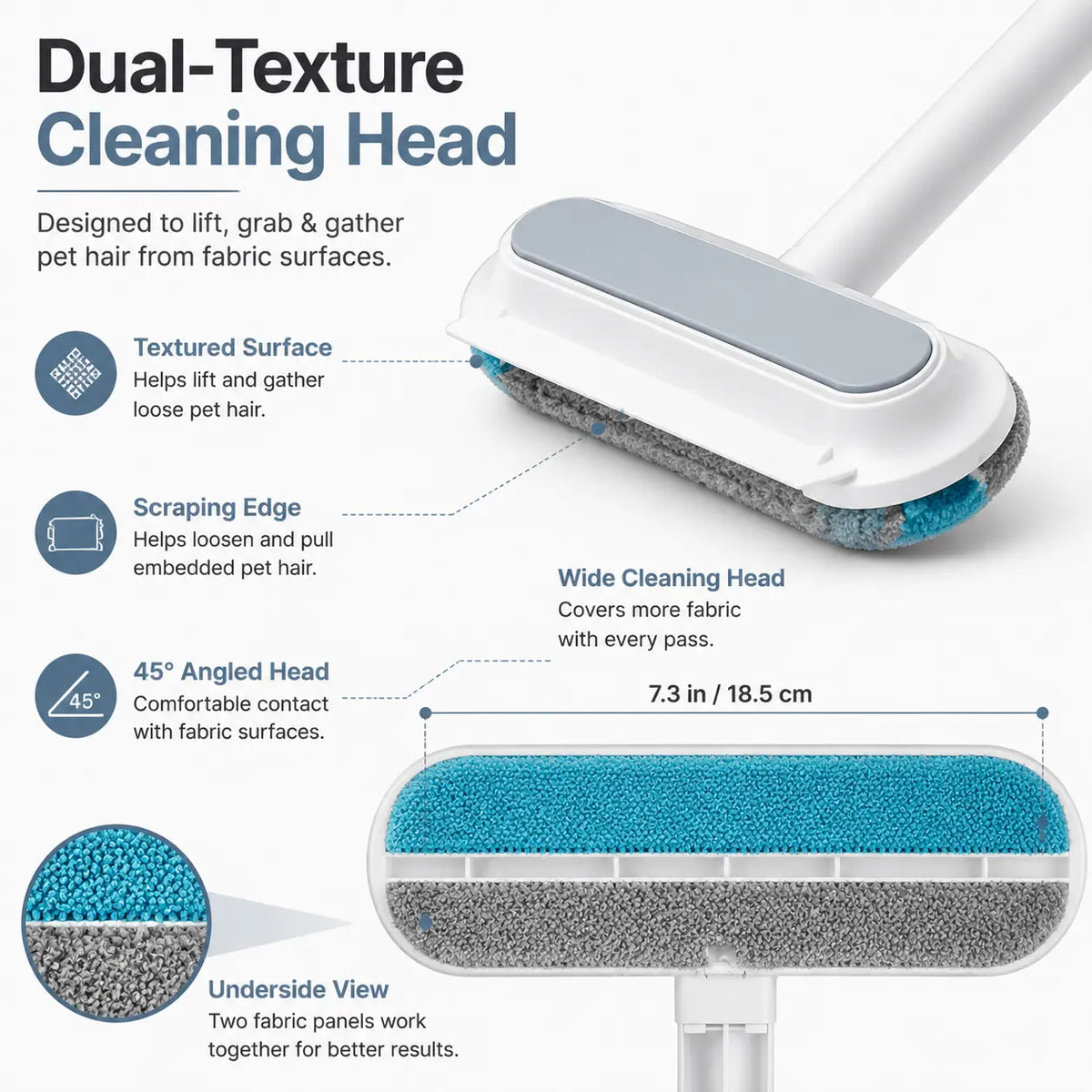 4-In-1 Reusable Pet Hair Remover Brush with Long Handle and Detail Brushes for Sofas, Rugs, Carpets, Bedding and Fabric Car Seats