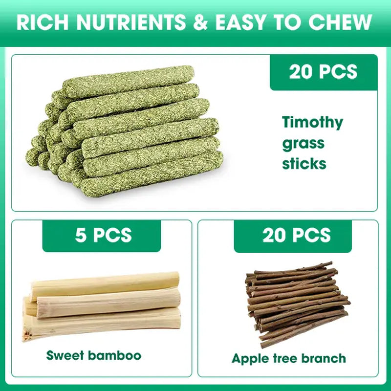 45 PCS Plant-Based High-Fiber Rabbit Molar Chew Sticks - No Glue Mix of Sweet Bamboo, Timothy Hay Sticks for Teeth Grinding & Tension Relief, Small Pet Treats for Rabbit, Hamster