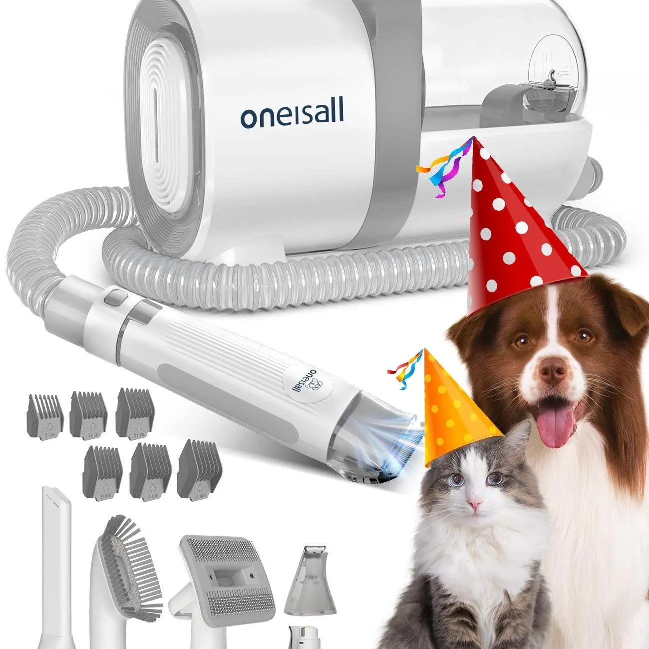 Oneisall Pet Grooming Vacuum 1.5L with Grooming Brush, Clipper, Low-Noise, Stress-Free, 99% Hair Suction, Easy-To-Clean & Compact Design