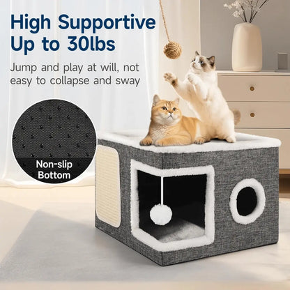Polyester-Cotton Classic Modern Plain Foldable Cat House - 30Lbs Weight Capacity, Large Hole, round Windows, Fluffy Hanging Balls, Double-Sided Soft Cushions, All-Season Indoor Apartment Use,Sohochic