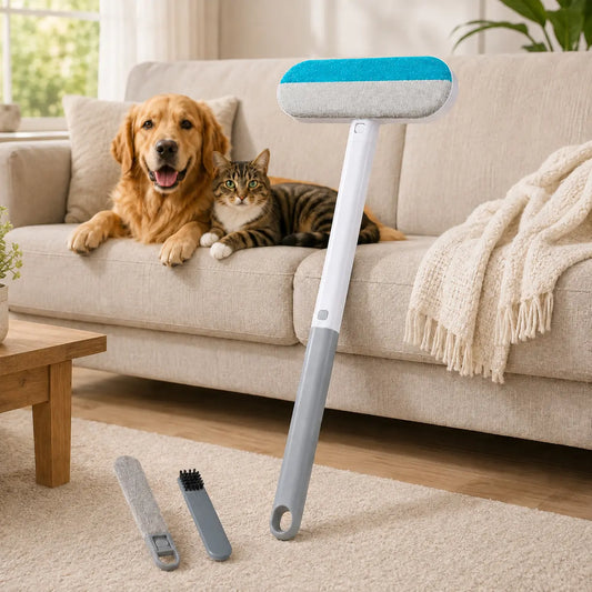 4-In-1 Reusable Pet Hair Remover Brush with Long Handle and Detail Brushes for Sofas, Rugs, Carpets, Bedding and Fabric Car Seats