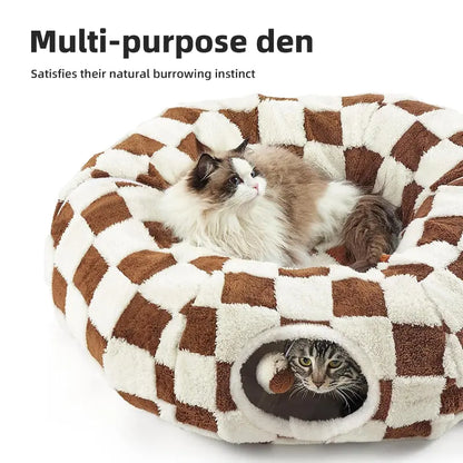 2-In-1 Plaid Cat Tunnel Bed for Indoor Cats - Cute Donut Design with Hidden Play Space, Washable Circle Cushion, Studded Grip Base for Kittens/Rabbits